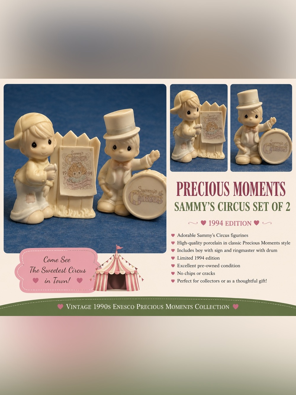 Precious Moments Sammy's Circus Porcelain Figurine Pair - Cream